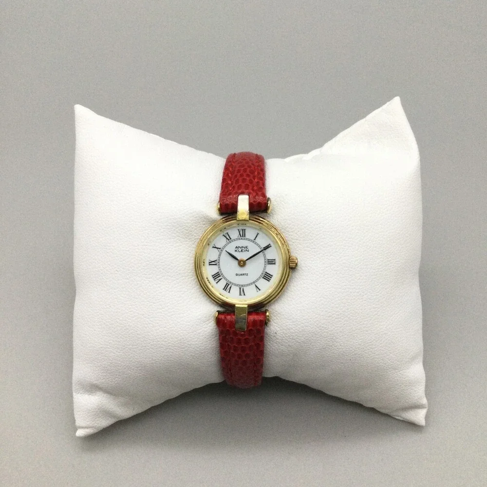 Anne Klein Watch Women 21mm Gold Tone Red Leather Band New Battery